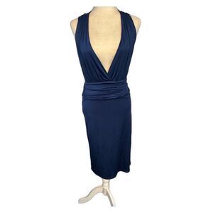 La Rok Solid Navy Blue Tank Deep V Neck Plunge Midi Dress Medium